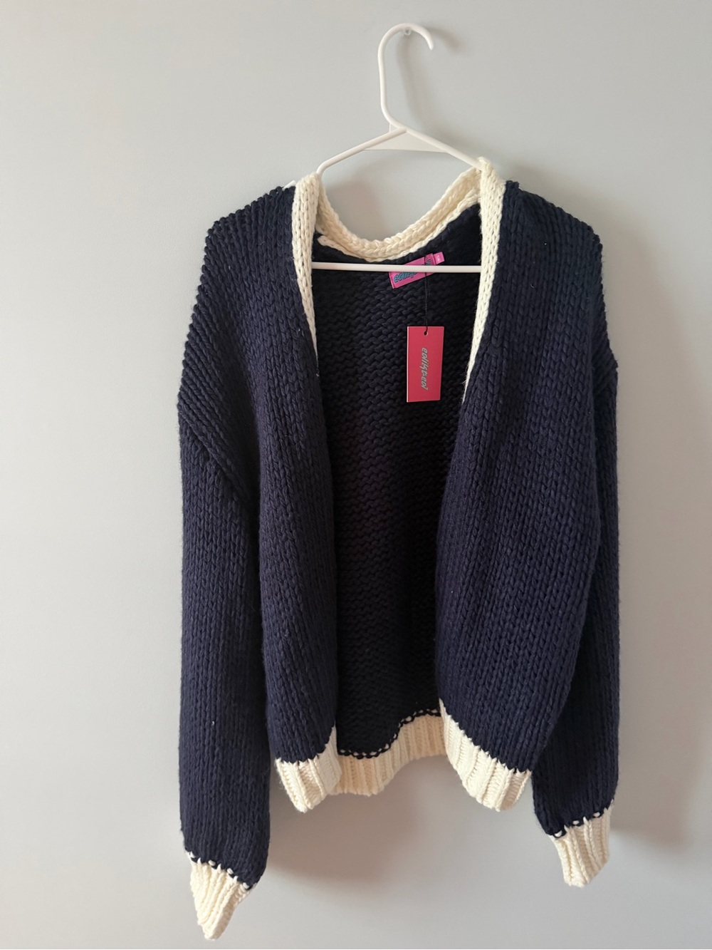 Edikted Navy and Cream Open-Front Knit Cardigan